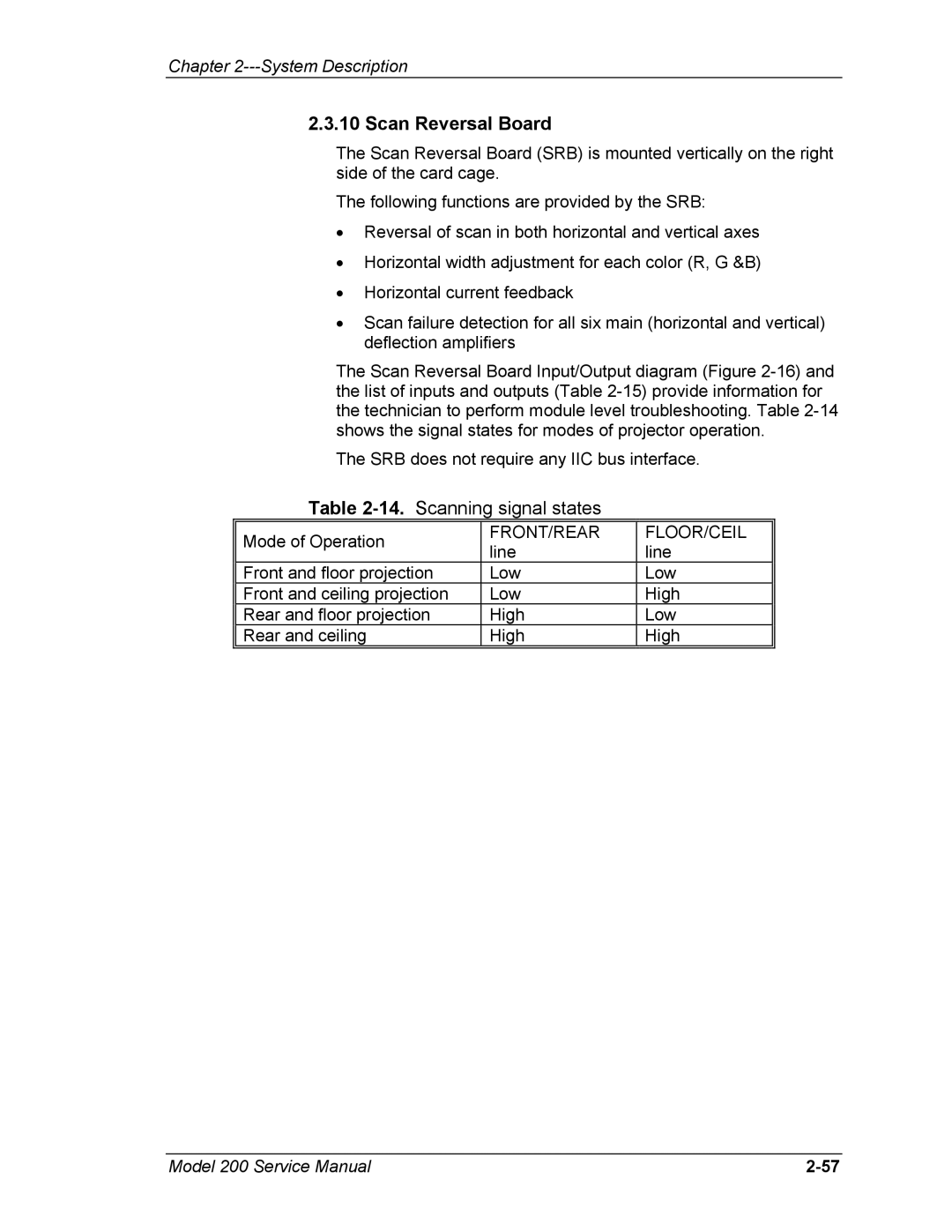 JVC Model 200 service manual Scanning signal states, Front/Rear Floor/Ceil 