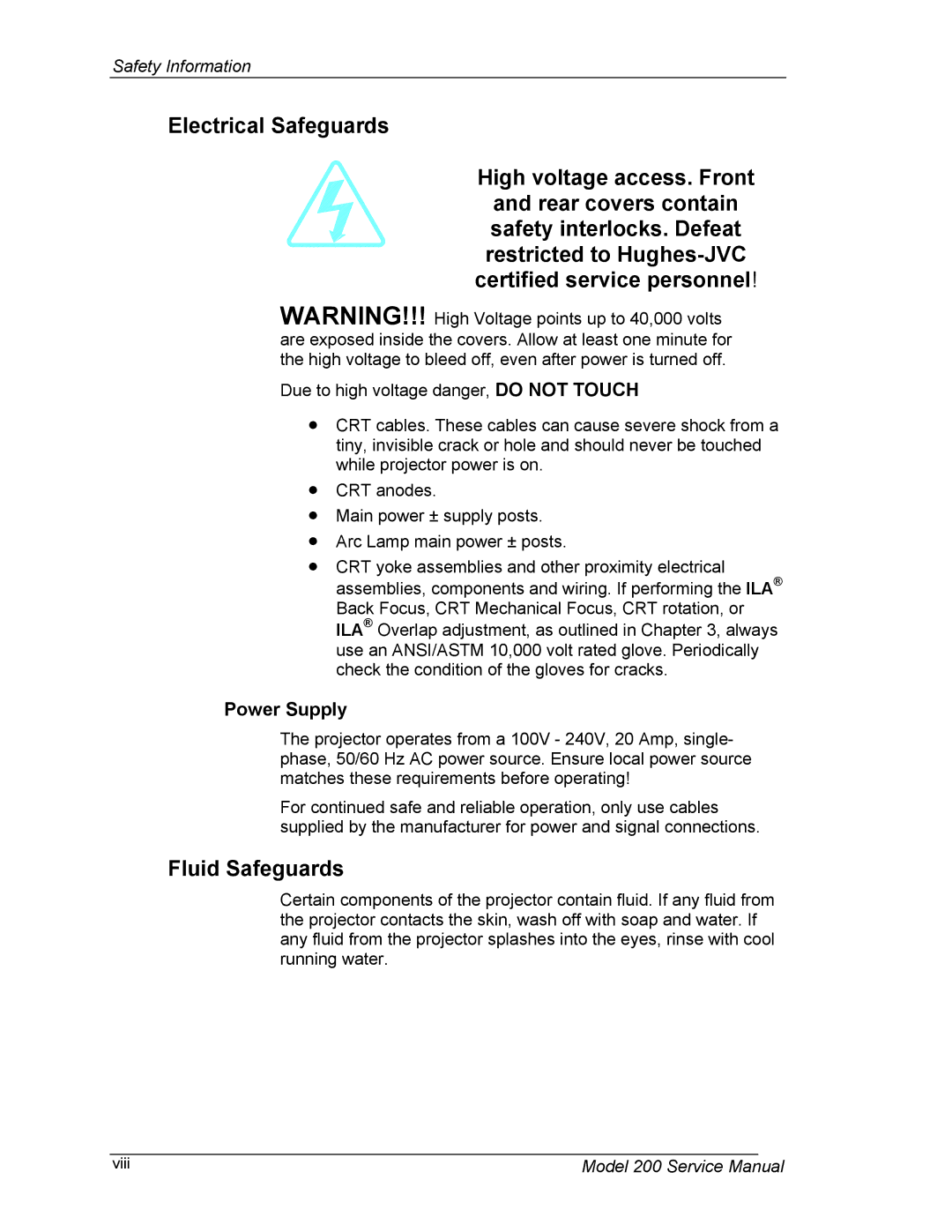 JVC Model 200 service manual Electrical Safeguards High voltage access. Front, Fluid Safeguards, Power Supply 