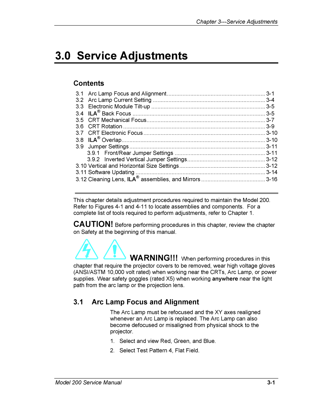 JVC Model 200 service manual Service Adjustments, Arc Lamp Focus and Alignment 