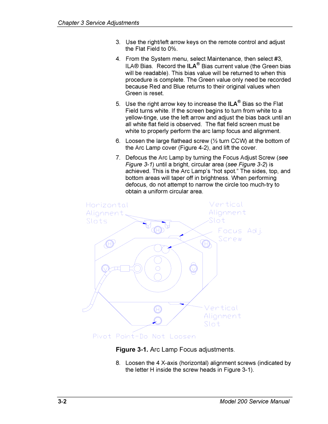 JVC Model 200 service manual Arc Lamp Focus adjustments 