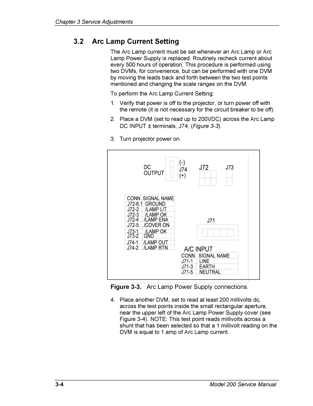 JVC Model 200 service manual Arc Lamp Current Setting, Arc Lamp Power Supply connections 