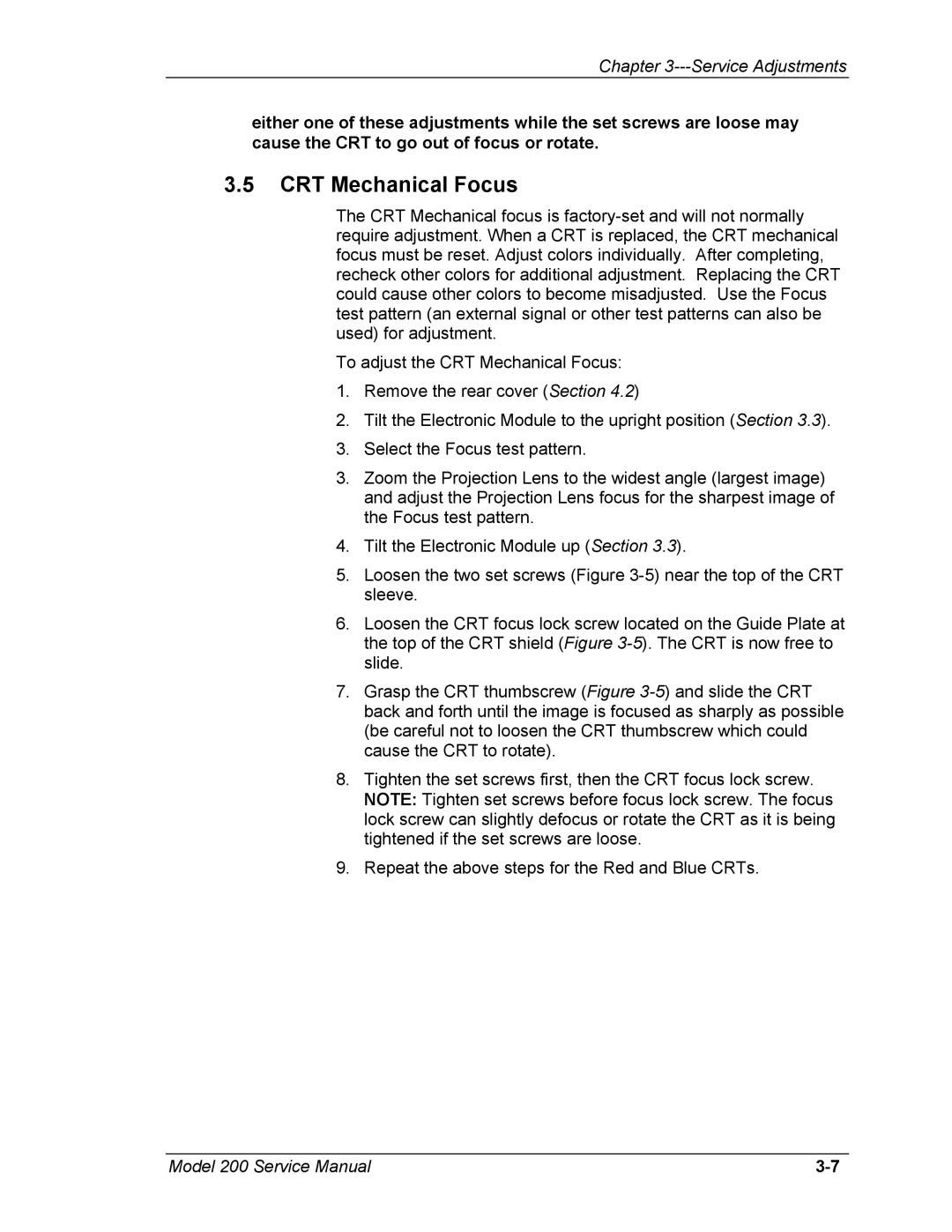 JVC Model 200 service manual CRT Mechanical Focus 