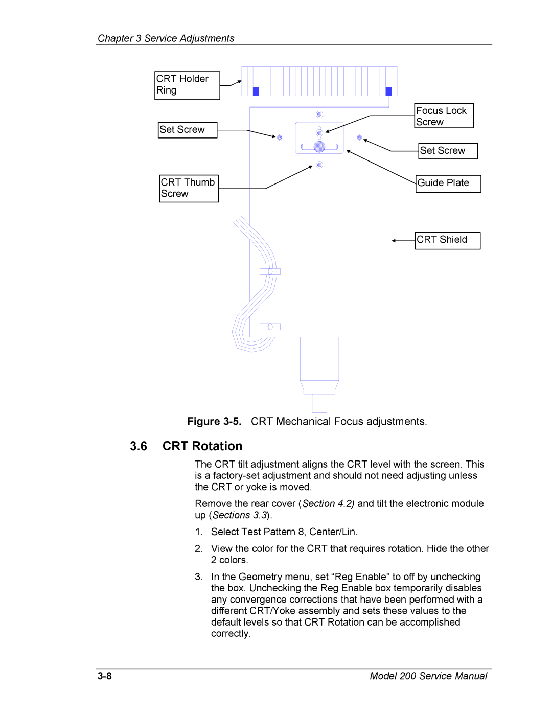 JVC Model 200 service manual CRT Rotation, CRT Mechanical Focus adjustments 