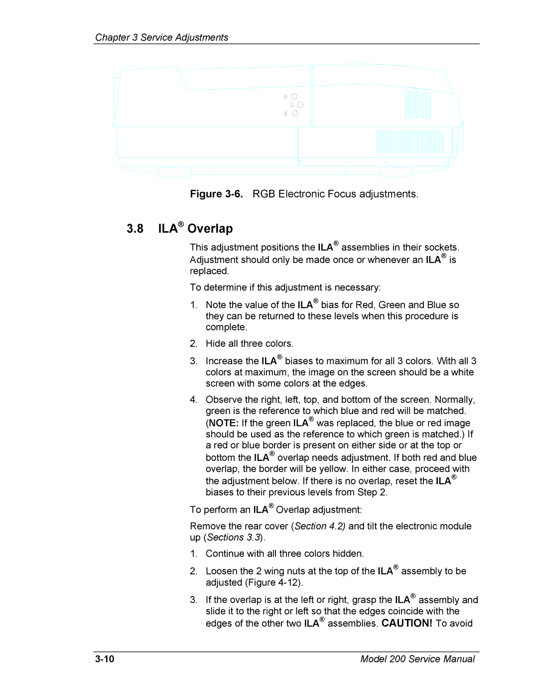 JVC Model 200 service manual ILA Overlap, RGB Electronic Focus adjustments 