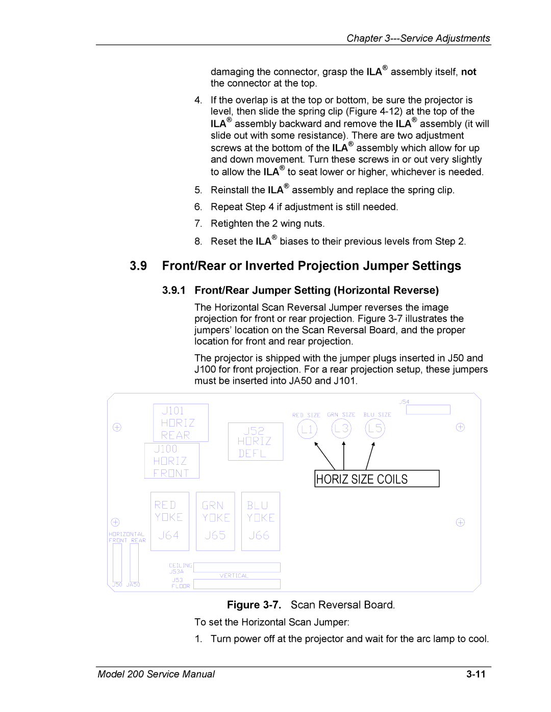 JVC Model 200 Front/Rear or Inverted Projection Jumper Settings, Front/Rear Jumper Setting Horizontal Reverse 