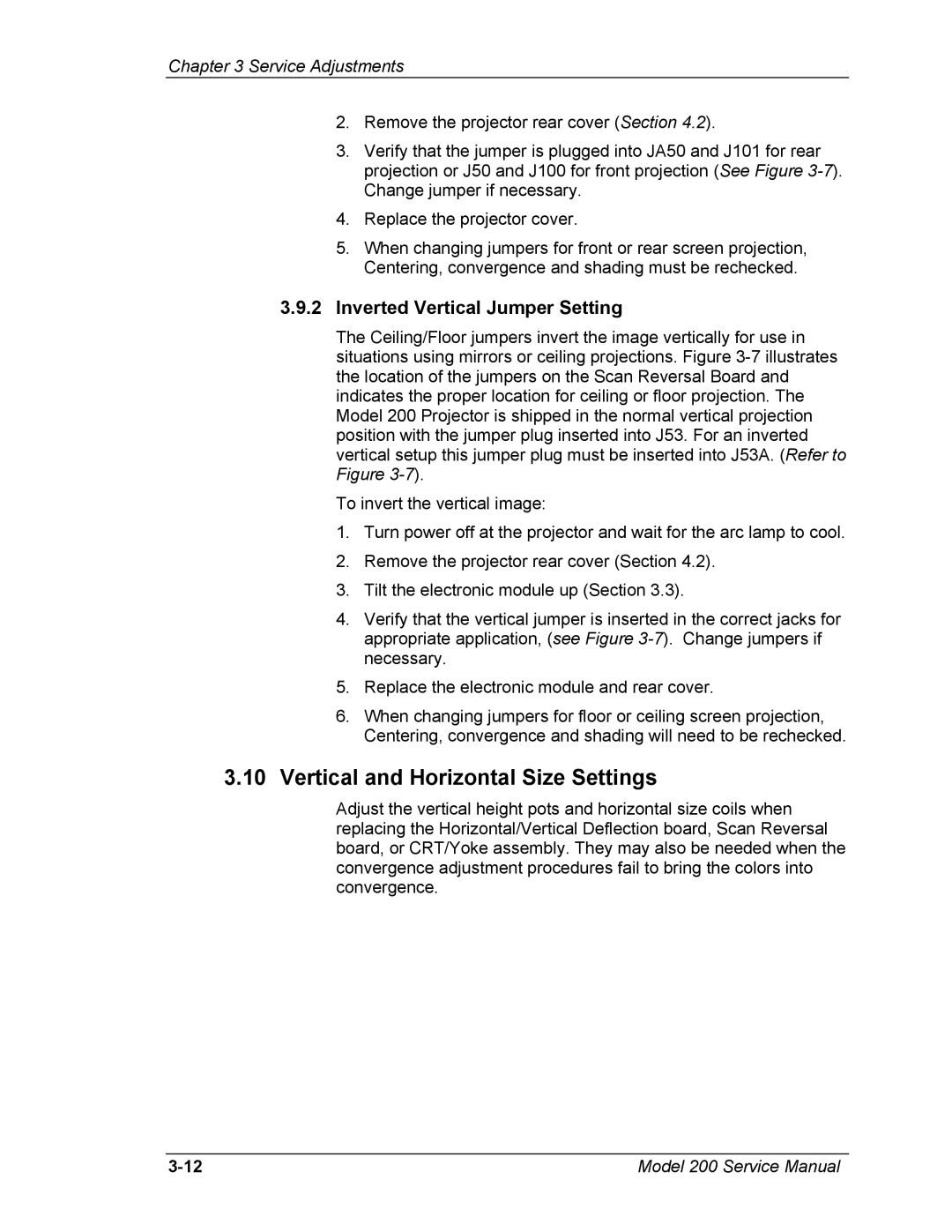 JVC Model 200 service manual Vertical and Horizontal Size Settings, Inverted Vertical Jumper Setting 