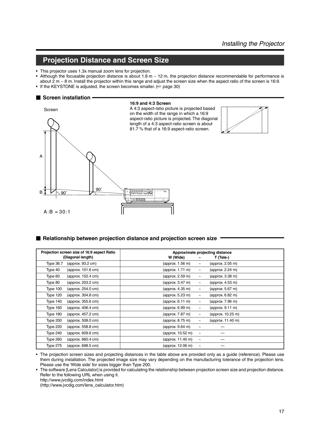 JVC Model DLA-HX1E manual Projection Distance and Screen Size, Screen installation 