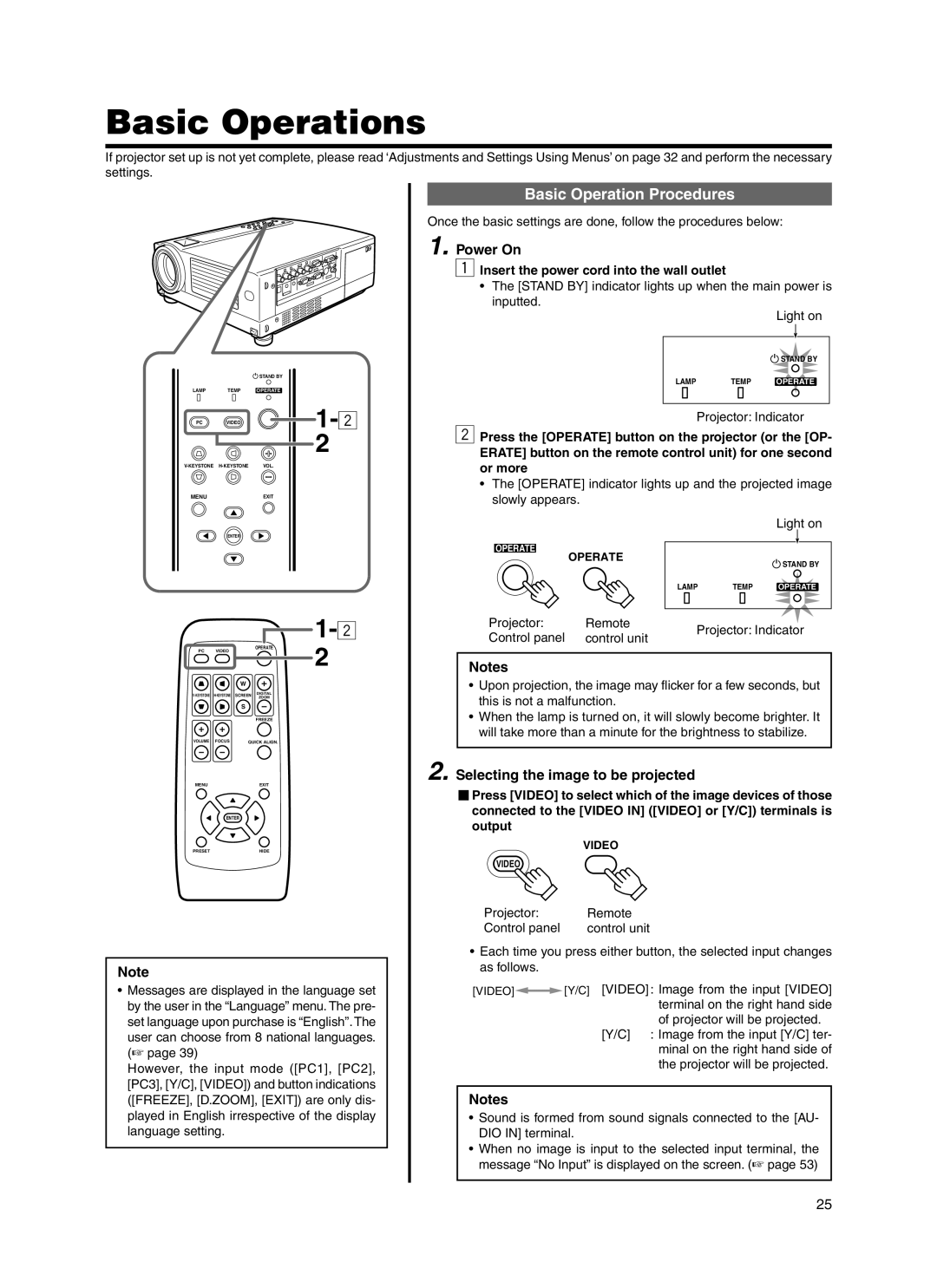 JVC Model DLA-HX1E manual Basic Operations, Basic Operation Procedures, Power On, Selecting the image to be projected 