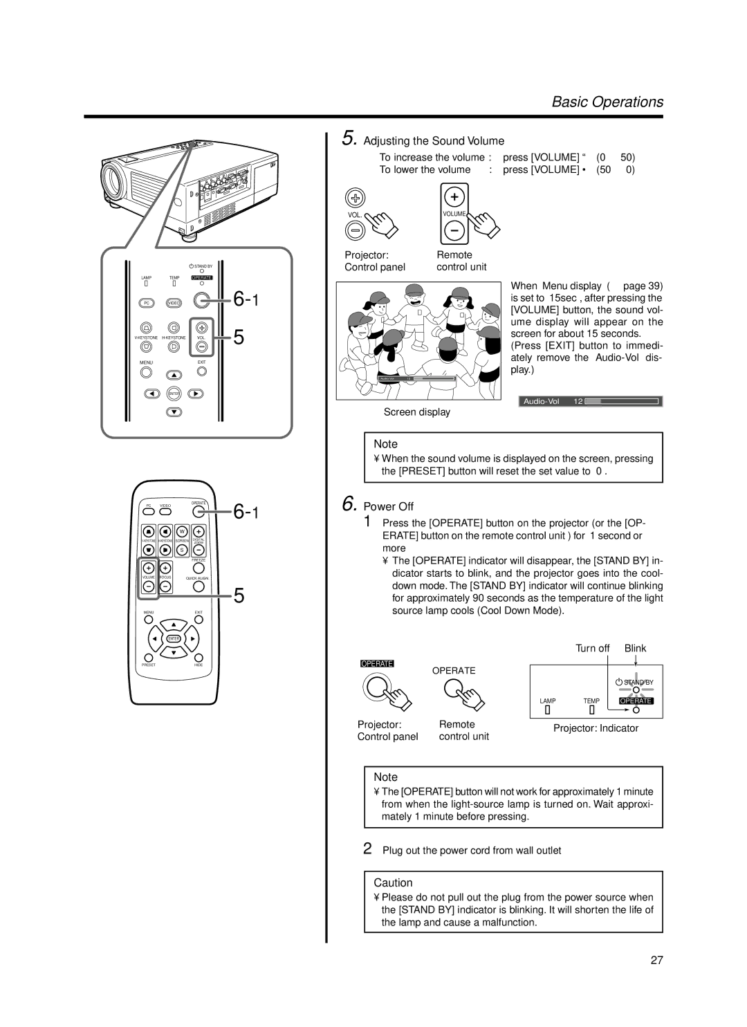 JVC Model DLA-HX1E manual Adjusting the Sound Volume, Power Off, Press Volume · 50, Turn off Blink 