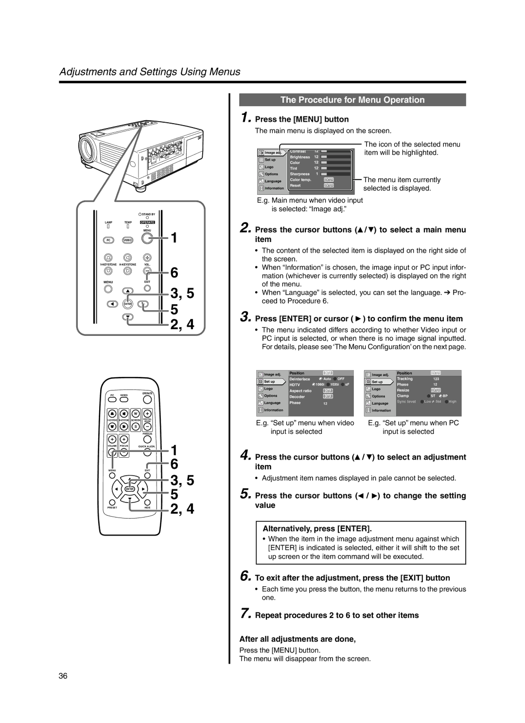 JVC Model DLA-HX1E manual Procedure for Menu Operation 