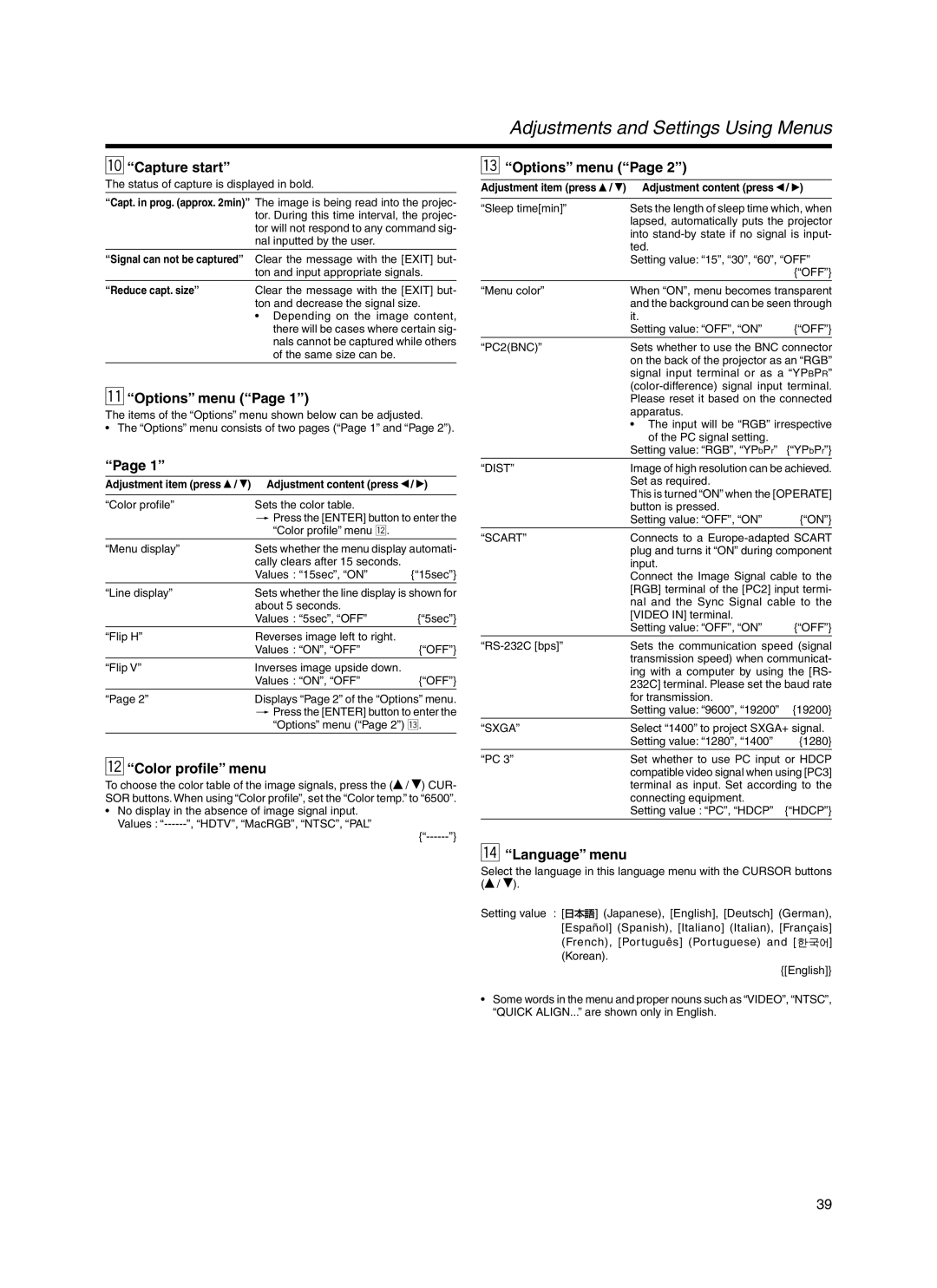 JVC Model DLA-HX1E manual Capture start, Options menu, Color profile menu, Language menu 