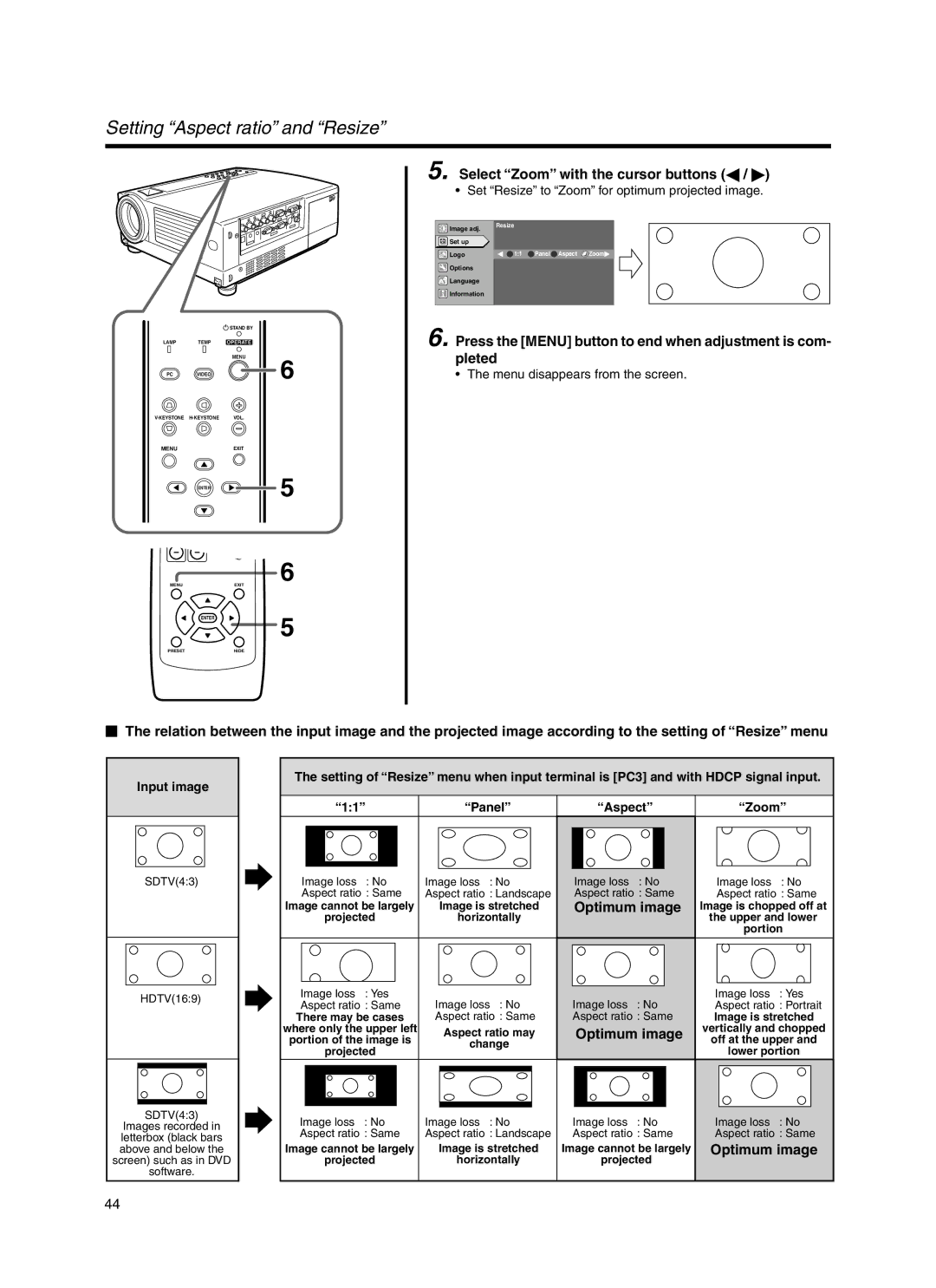 JVC Model DLA-HX1E manual Set Resize to Zoom for optimum projected image 