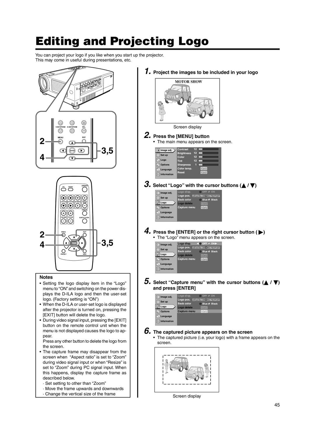 JVC Model DLA-HX1E manual Editing and Projecting Logo, Project the images to be included in your logo 