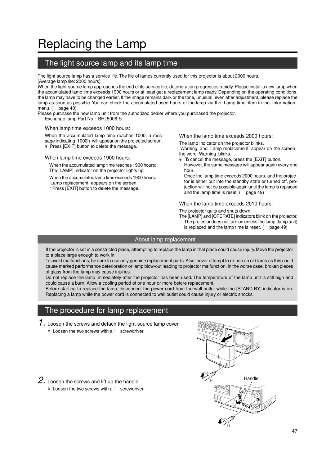 JVC Model DLA-HX1E manual Replacing the Lamp, Light source lamp and its lamp time, Procedure for lamp replacement 