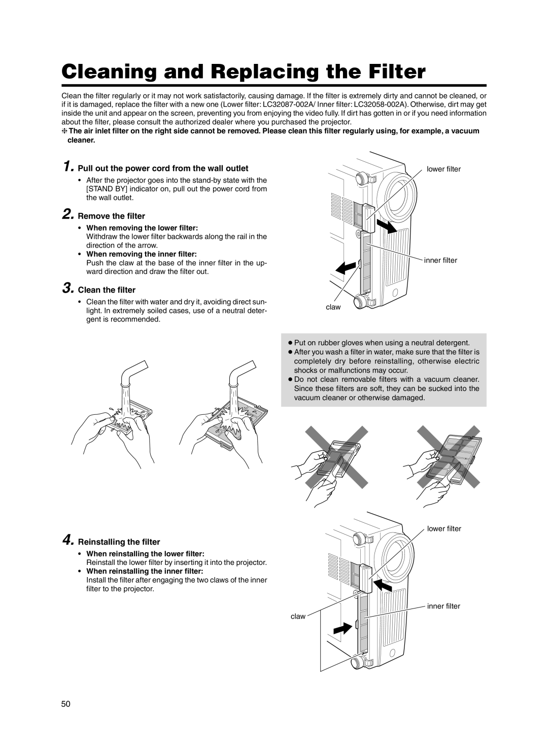 JVC Model DLA-HX1E Cleaning and Replacing the Filter, Pull out the power cord from the wall outlet, Remove the filter 