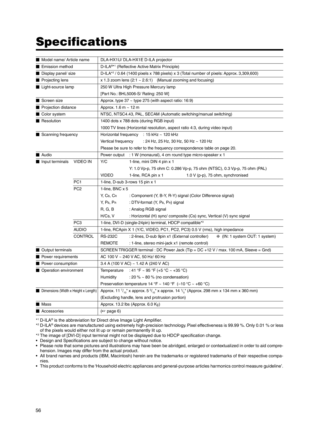 JVC Model DLA-HX1E manual Specifications, Pb, Pr 