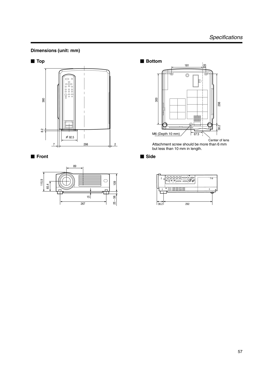 JVC Model DLA-HX1E manual Specifications, Dimensions unit mm  Top,  Front,  Bottom,  Side 