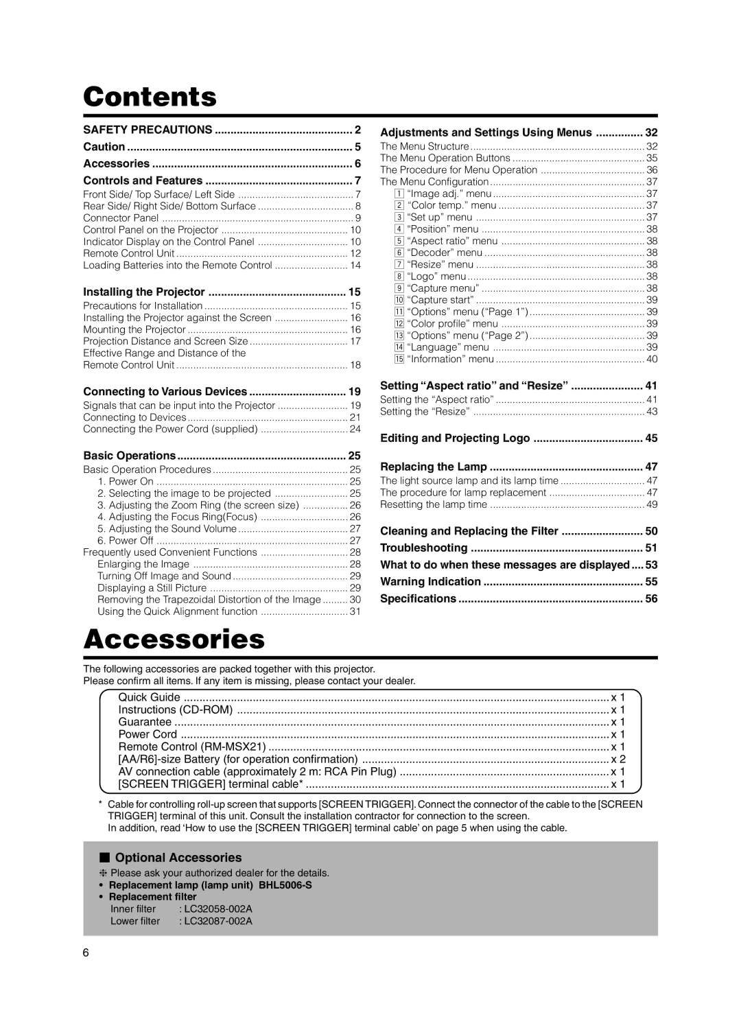 JVC Model DLA-HX1E manual Contents, Accessories 