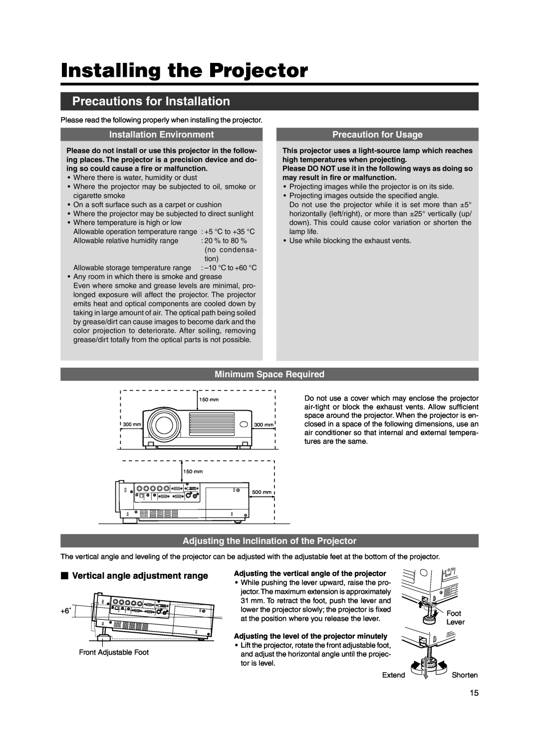 JVC Model DLA-HX1E Installing the Projector, Precautions for Installation, Installation Environment, Precaution for Usage 