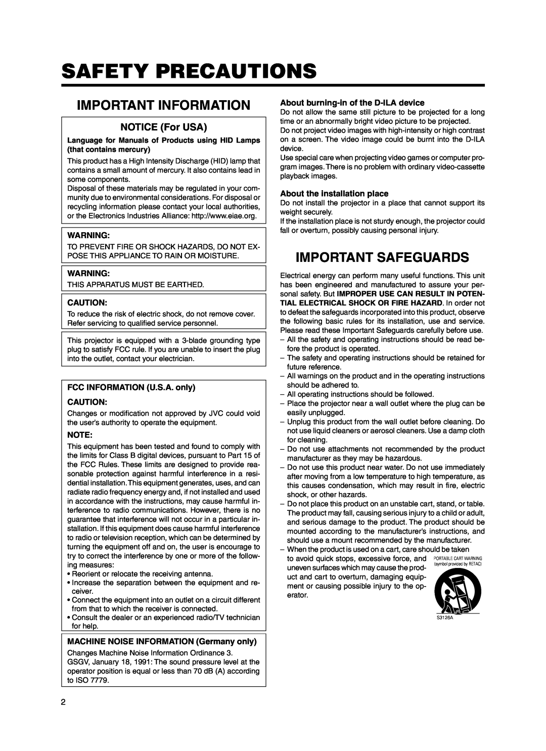 JVC Model DLA-HX1E manual Safety Precautions, Important Information, NOTICE For USA, FCC INFORMATION U.S.A. only 