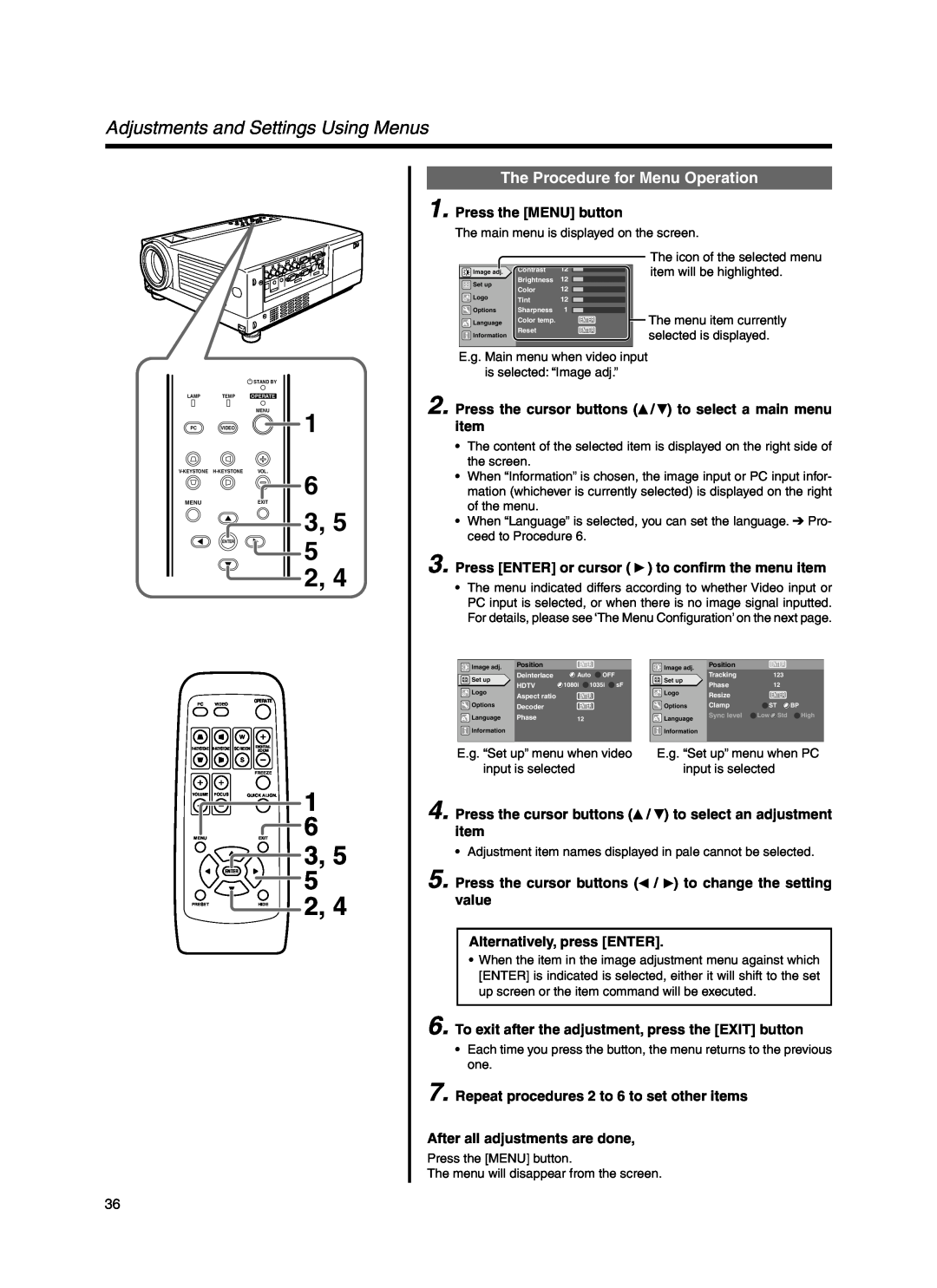 JVC Model DLA-HX1E manual The Procedure for Menu Operation, Adjustments and Settings Using Menus, Press the MENU button 