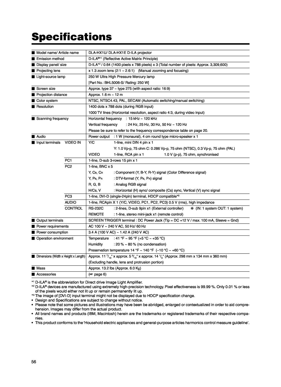 JVC Model DLA-HX1E manual Specifications 