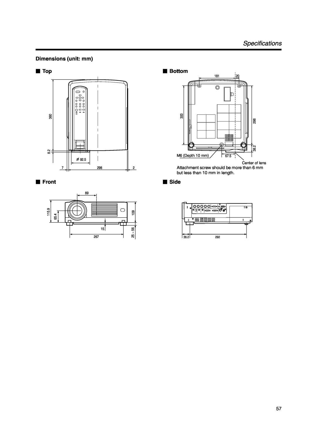 JVC Model DLA-HX1E manual Specifications, 92.5, 67.5, Center of lens, 38.2, 36.2, 115.9, 65.4 