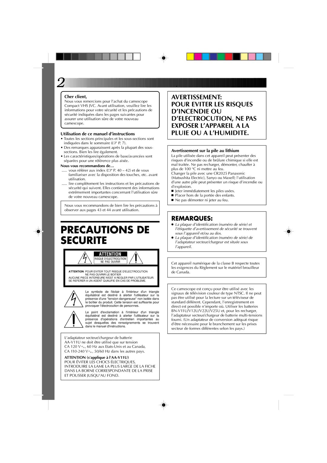 JVC Model GR-AX510 manual Cher client, Utilisation de ce manuel d’instructions, Avertissement sur la pile au lithium 