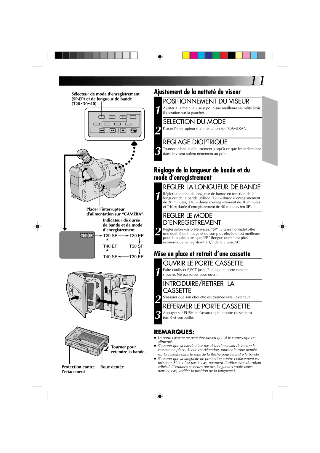 JVC Model GR-AX510 manual Ajustement de la netteté du viseur, Mise en place et retrait d’une cassette 