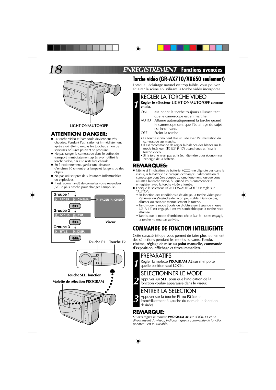 JVC Model GR-AX510 manual Torche vidéo GR-AX710/AX650 seulement, Regler LA Torche Video, Preparatifs, Entrer LA Selection 