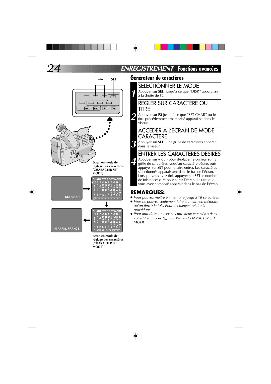 JVC Model GR-AX510 manual Générateur de caractères, Regler SUR Caractere OU Titre, Acceder a L’ECRAN DE Mode Caractere 