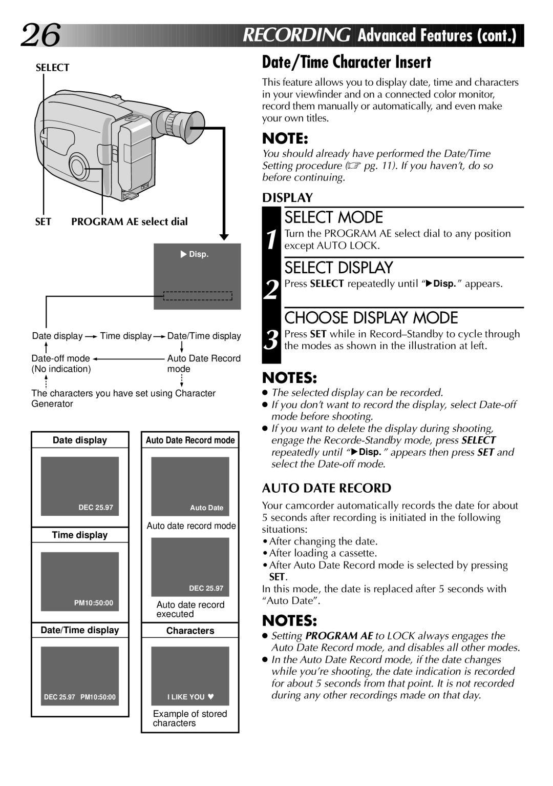 JVC Model GR-AX820 manual Date/Time Character Insert, Select Display, Choose Display Mode, SET Program AE select dial 