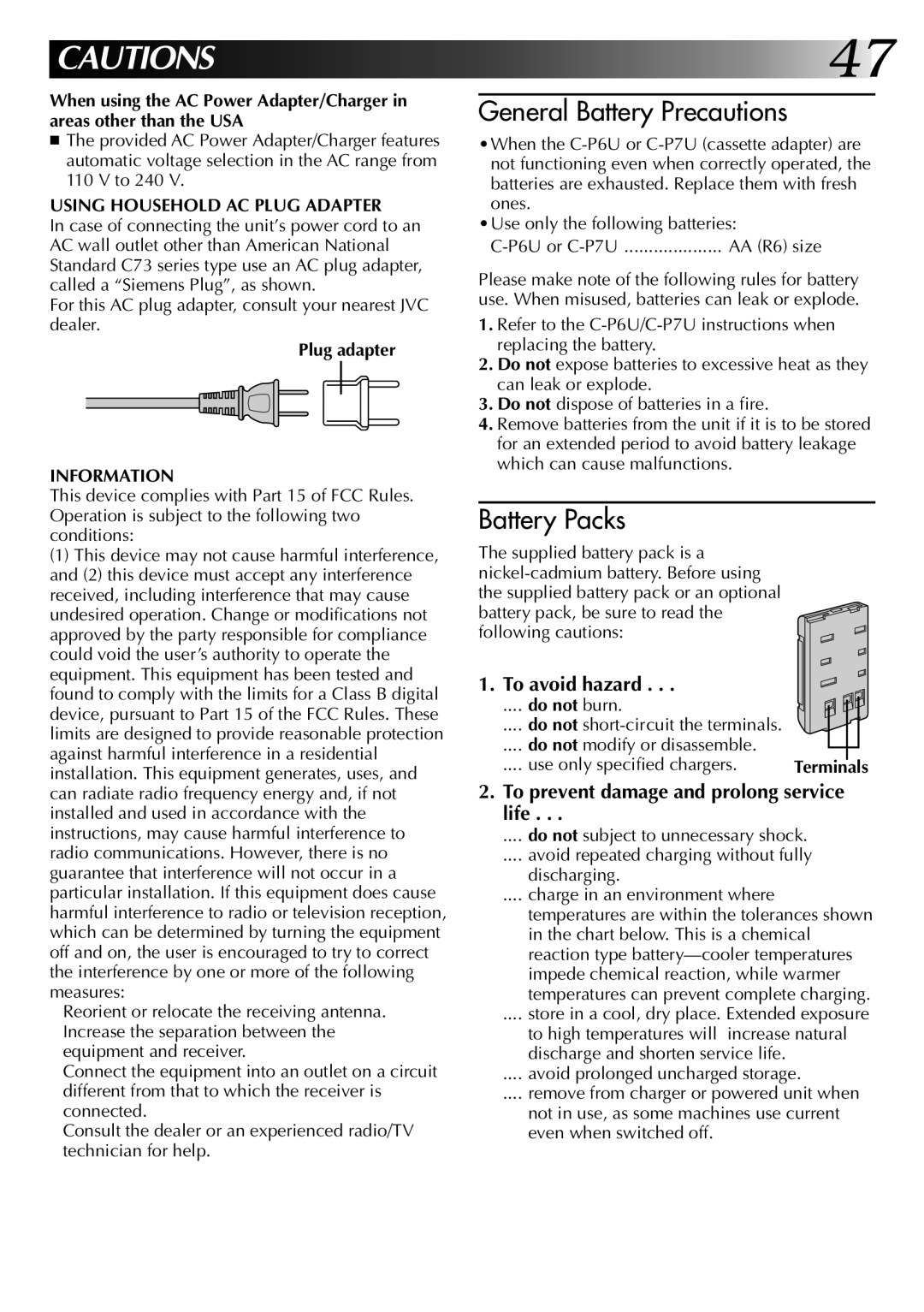 JVC Model GR-AX820 manual To avoid hazard, To prevent damage and prolong service life, Using Household AC Plug Adapter 