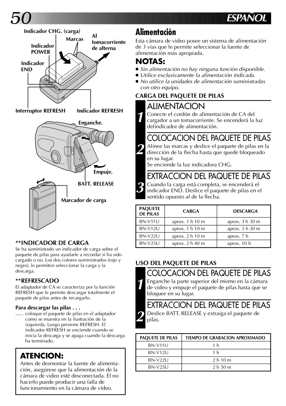 JVC Model GR-AX820 manual Alimentación, Alimentacion, End 