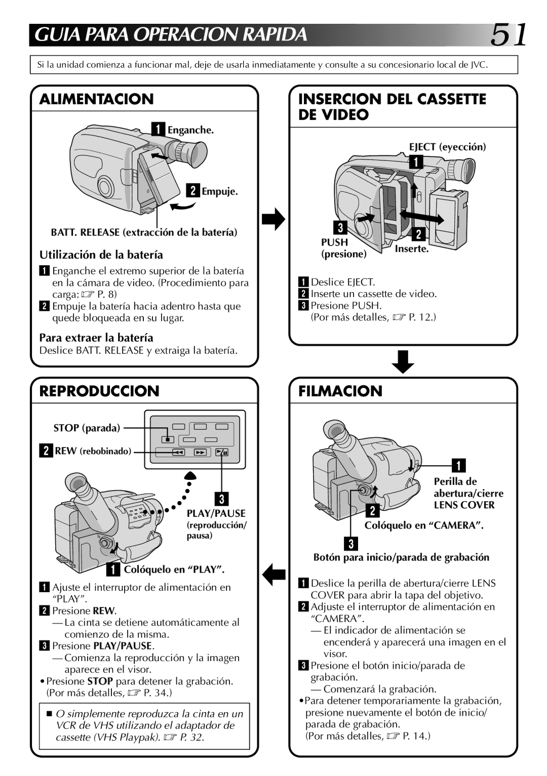 JVC Model GR-AX820 manual Utilización de la batería, Para extraer la batería, Lens Cover 