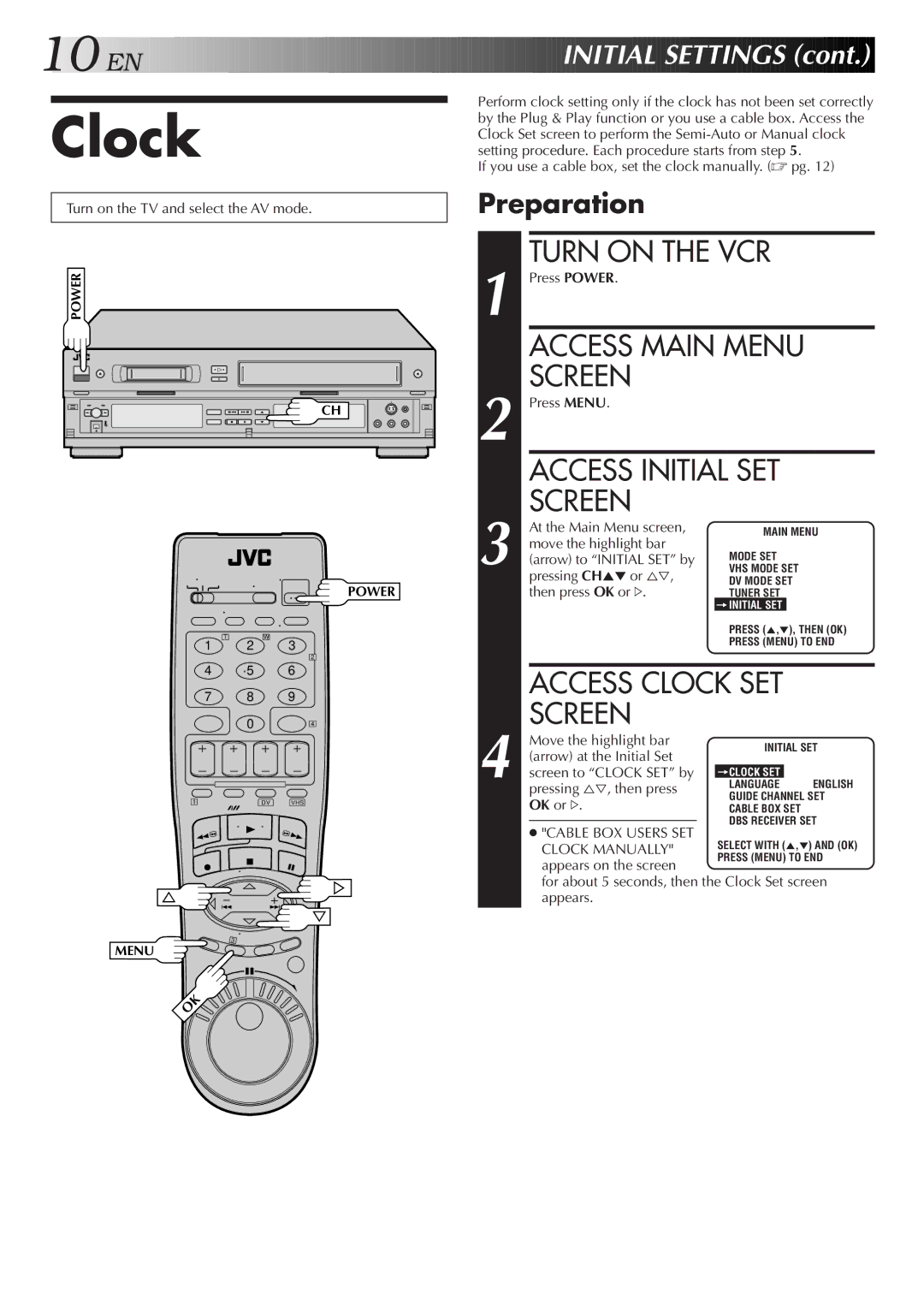 JVC Model HR-DVS1U Access Main Menu Screen, Access Initial SET Screen, Access Clock SET Screen, EN Initial Settings 