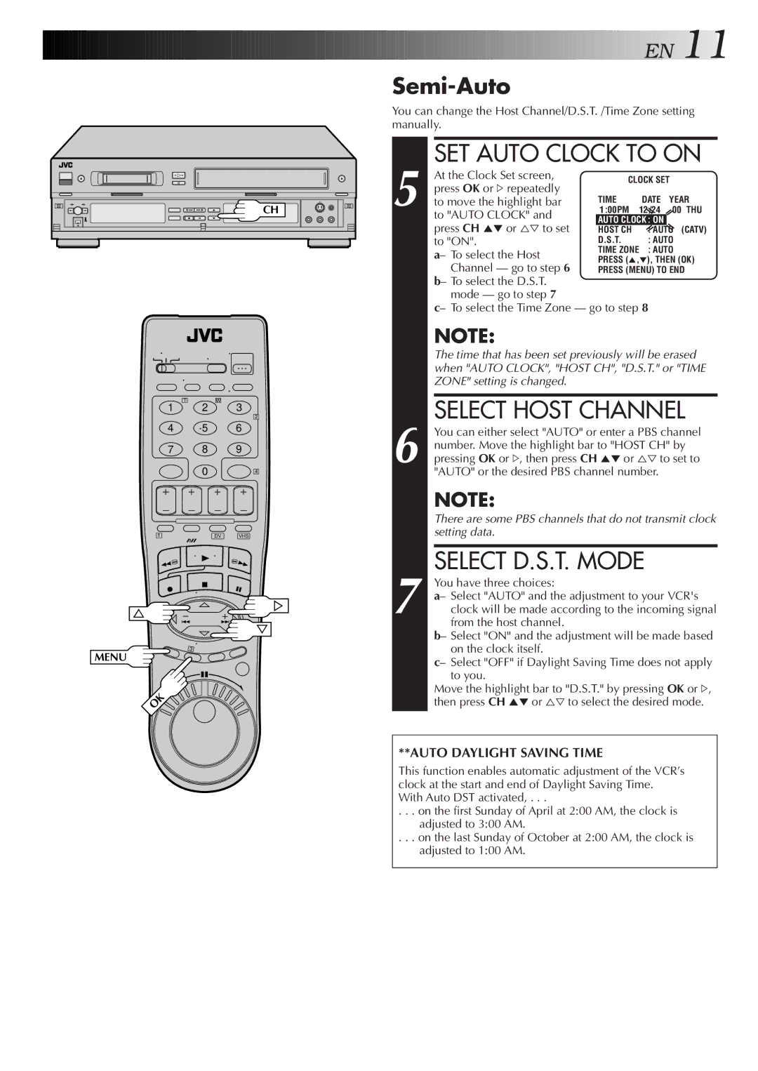 JVC Model HR-DVS1U manual SET Auto Clock to on, Select Host Channel, Semi-Auto 