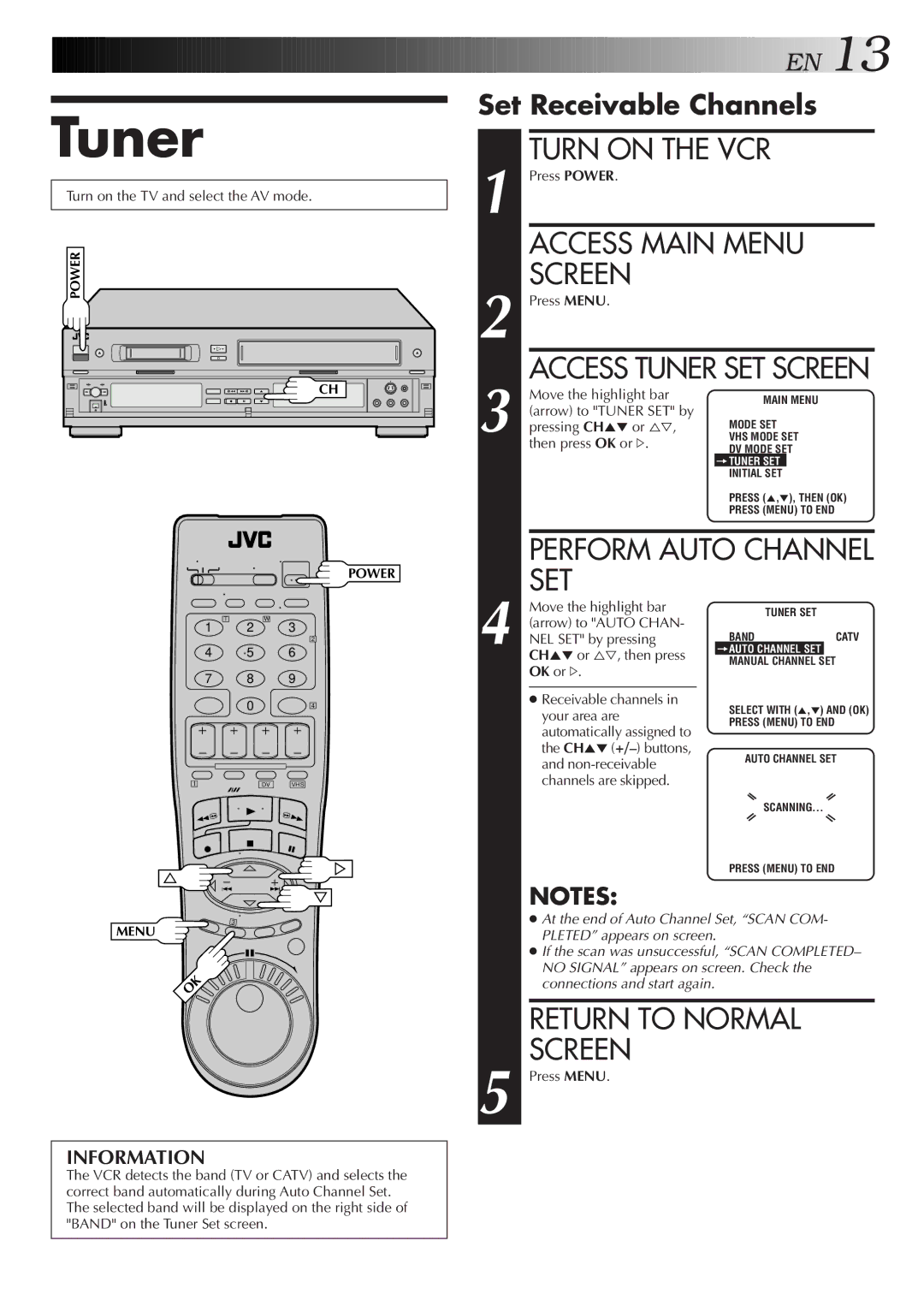 JVC Model HR-DVS1U manual Set Receivable Channels, Access Tuner SET Screen 