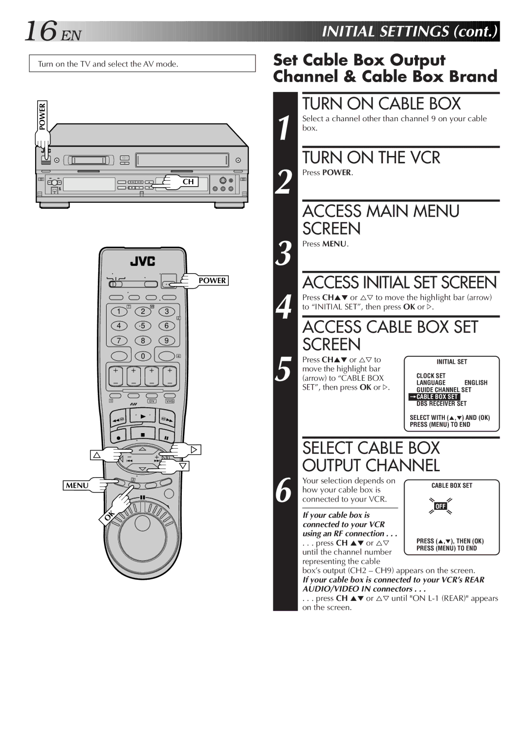 JVC Model HR-DVS1U manual Turn on Cable BOX, Access Cable BOX SET, Select Cable BOX, Output Channel 