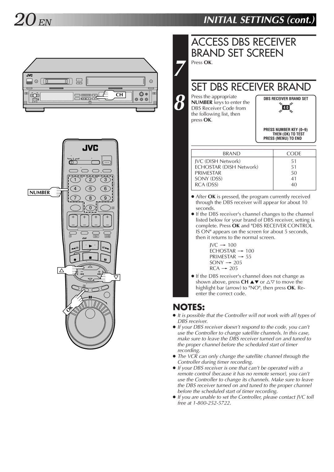 JVC Model HR-DVS1U manual SET DBS Receiver Brand, JVC Dish Network Echostar Dish Network, Jvc 