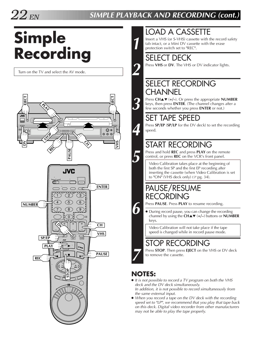 JVC Model HR-DVS1U manual Simple Recording 