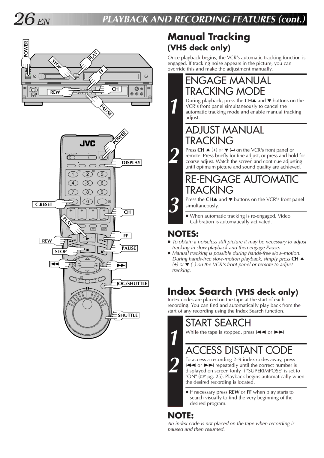 JVC Model HR-DVS1U manual Engage Manual Tracking Mode, Adjust Manual Tracking, RE-ENGAGE Automatic Tracking, Start Search 