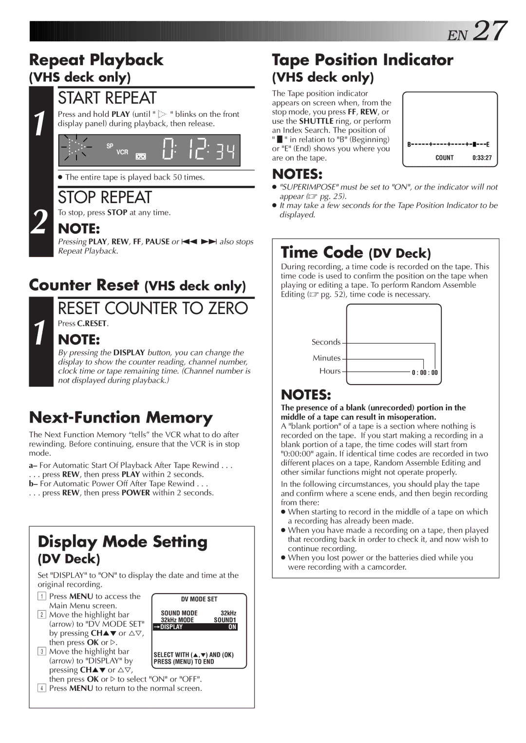 JVC Model HR-DVS1U manual Start Repeat, Stop Repeat 