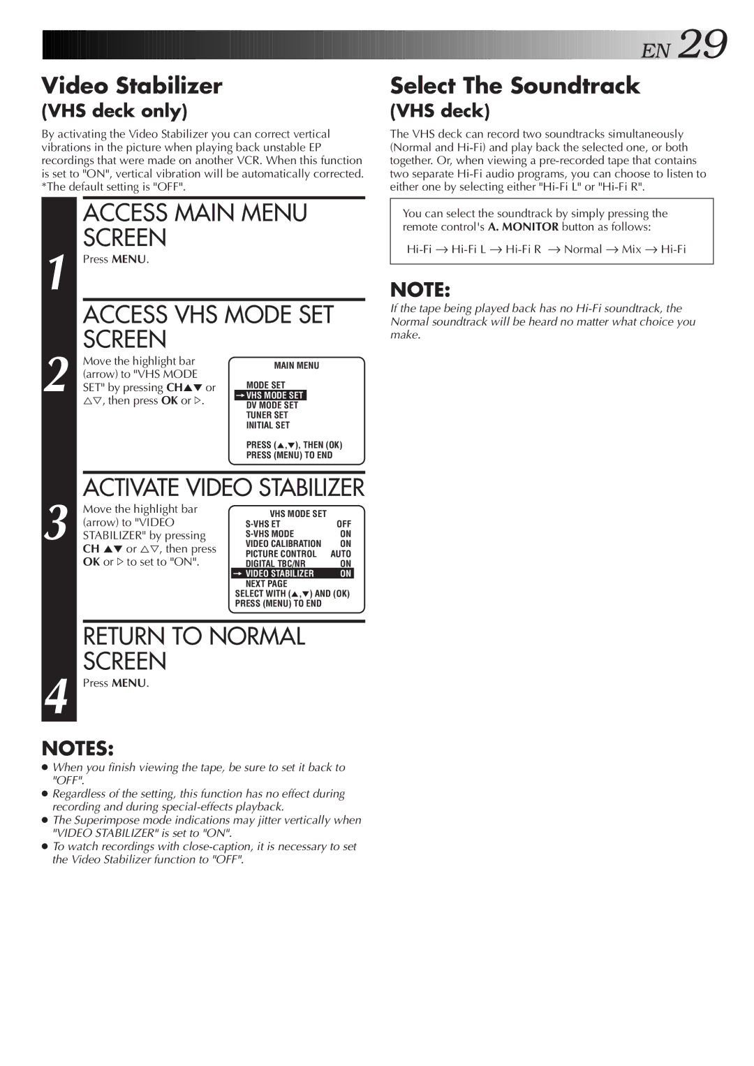 JVC Model HR-DVS1U manual Video Stabilizer, Select The Soundtrack 