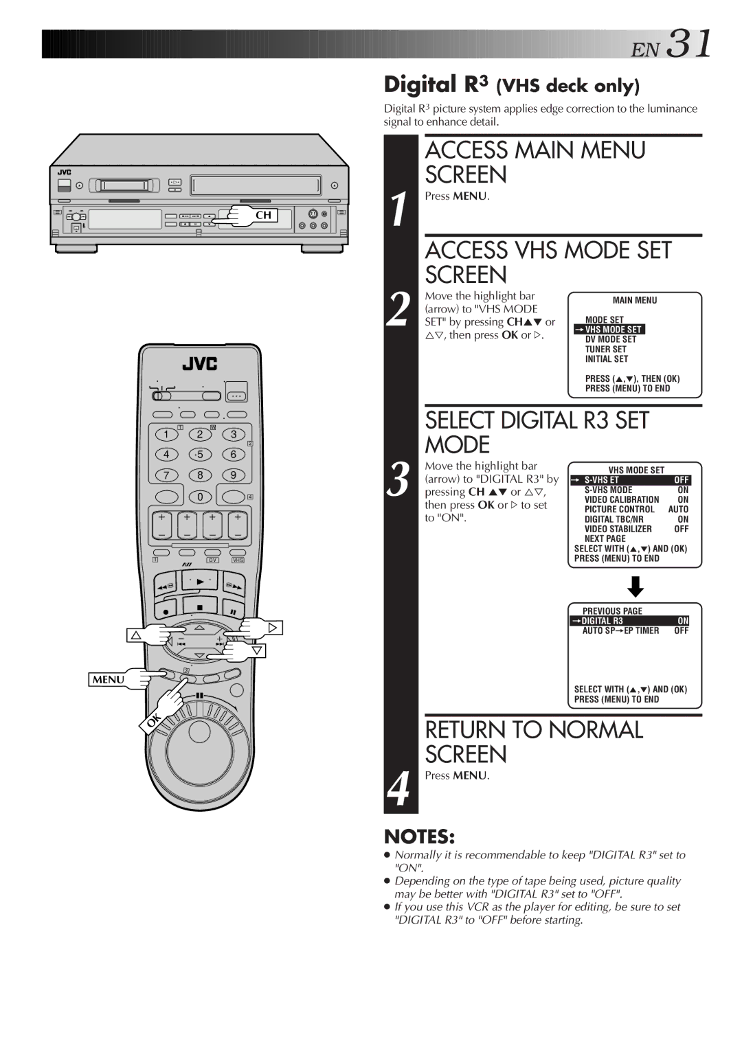 JVC Model HR-DVS1U manual Arrow to VHS Mode SET by pressing CH 5or, Arrow to Digital R3 by, Pressing CH 5 or %Þ, To on 