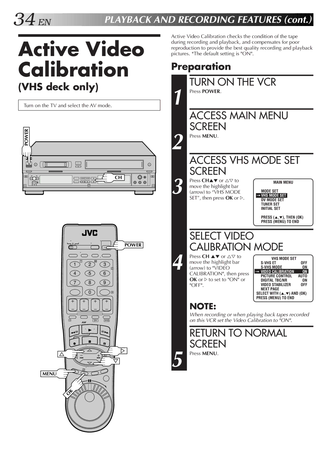 JVC Model HR-DVS1U manual Active Video Calibration, VHS deck only 