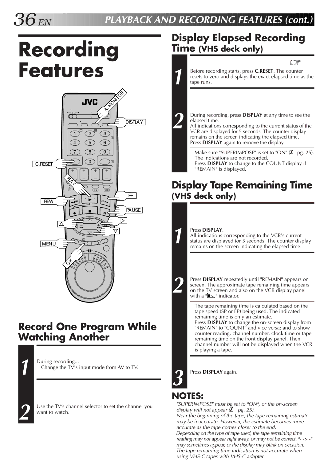 JVC Model HR-DVS1U manual Recording Features 