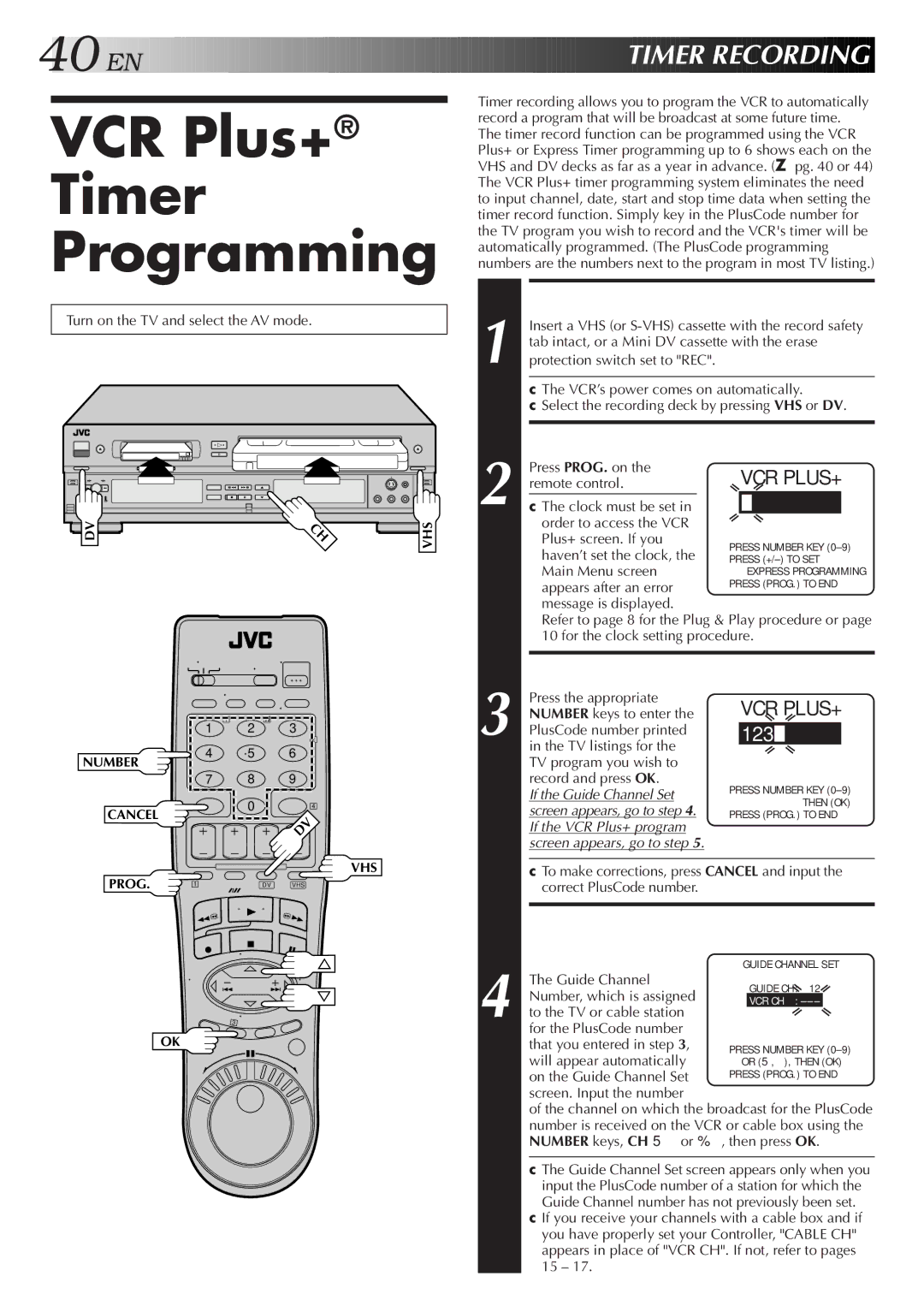 JVC Model HR-DVS1U manual VCR Plus+ Timer Programming, Number, EN Timer Recording, Access VCR PLUS+ Screen 