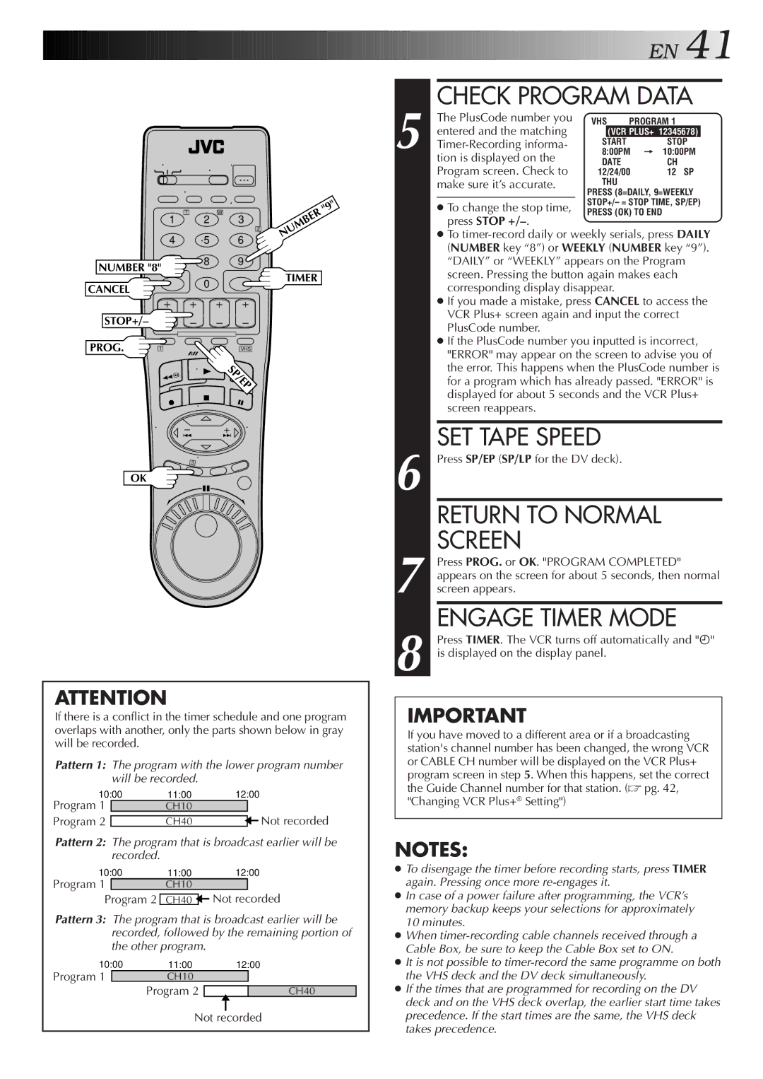 JVC Model HR-DVS1U manual Check Program Data, Engage Timer Mode 