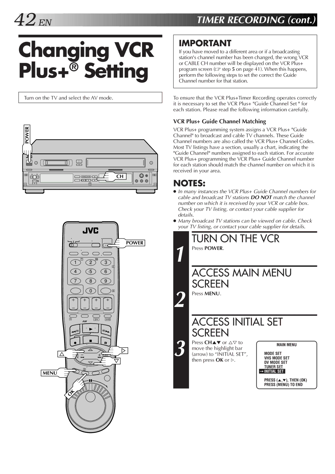 JVC Model HR-DVS1U manual Changing VCR Plus+ Setting, Arrow to Initial SET 